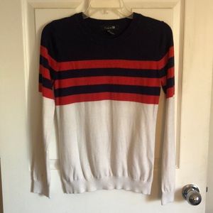 Navy blue, red and white striped sweater